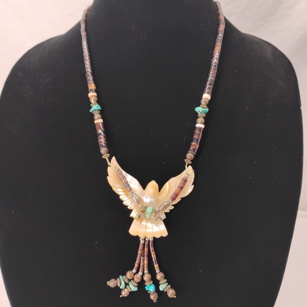 Native American Southwest Hand Carved‎ Mother Of Pearl Eagle Turquoise Necklace